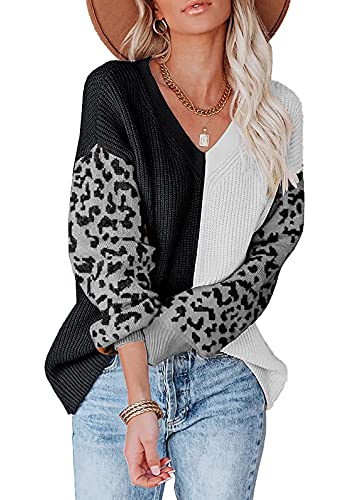 ANCAPELION Women’s V Neck Sweater Pullover Leopard Long Sleeve Basic Color Block Jumper Casual Knitted Tops Leopard Grey Small