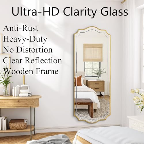 Image of POZINO 47 inchx24 inch Large Scalloped Wall Mirror, Gold Elegant Decorative Mirror | Thickened Wooden Frame, HD Glass, Horizontal /Vertical Hanging, Rectangle Wavy Wall Mirror for Entryway Bedroom Living Room