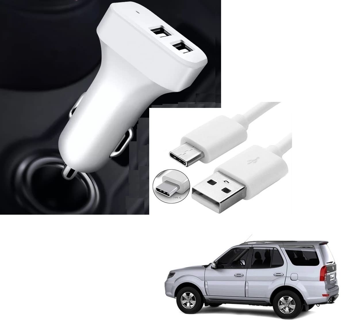 Kozdiko 5.1 Amp 2 USB Fast Car Charger with C-Type Cable for Tata Safari::Grand Dicor-picture-29