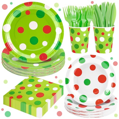 FYSUIMU 144 Pcs Christmas Tableware Sets Serves 24 Guests Xmas Green Red White Dots Plates Napkins Cups Fork Knife Disposable Dinnerware for Baby Shower Birthday Party Supplies