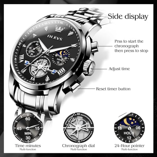OLEVS Mens Watches Luxury Business Stainless Steel Chronograph Moon Phase Waterproof Date Analog Quartz Dress Watches for Men,Silver/Blue/Black/Gold Dial4