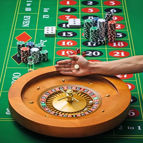 Lunmon 20\'\' Wooden Roulette Wheel Game Set Include 20\'\' Solid Wood Wheel with 4 Roulette Balls 47\" x 23.6\" Rubber Portable Tabletop Layout Mat 100 Chips Marker Dealer Button - Thumbnail 6