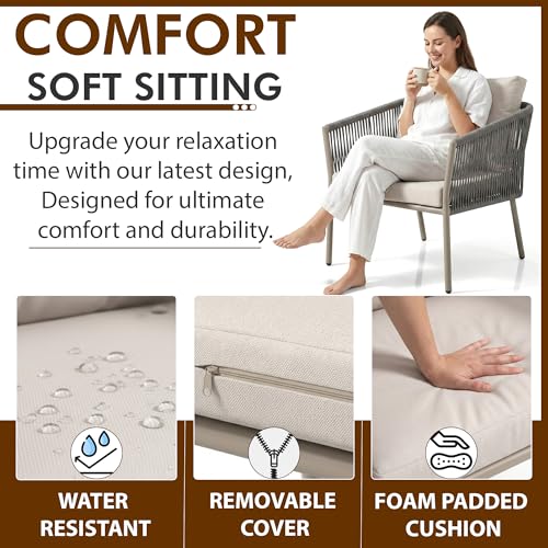 Image of BRISHI Braid & Rope Garden Patio Seating Chair and Table Set Outdoor Balcony Garden Coffee Table Set Furniture with 1 Table and 2 Chairs Set with Cushion (Grey and White), 61 cm , 61 cm , 81.3 cm