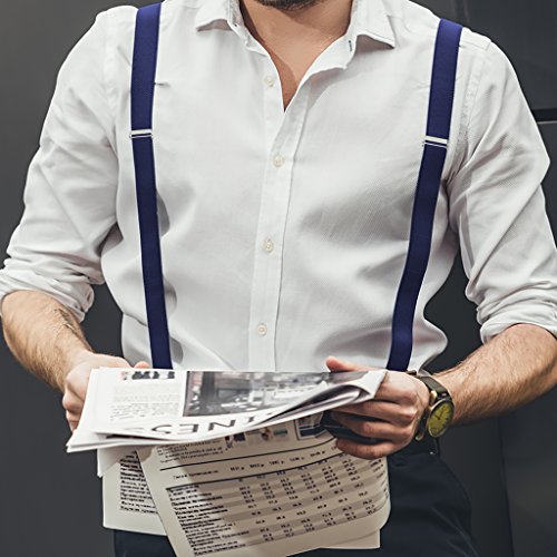 Fashion Accessories Leather Tuxedo Suspenders for Men: Button Pant Braces Clothes Accessory with Elastic, Y Back Design - (Navy Blue) - Thumbnail 2