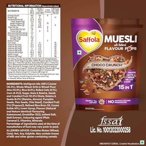 Image of Saffola Muesli Choco Crunch with Flavour Pops, 400 gm /450 gm | 15 in 1 Fruit and Nuts, Seeds, Millet & more | Cereals for breakfast with wholegrain, protein, fibre (Pack of 3)