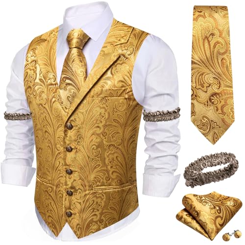 Image of Barry.Wang Mens Silk Lapel /Shawl Collar Vest Tie Sleeve Holder Set Formal /Casual Paisley Vests Wedding Tuxedo Waistcoat