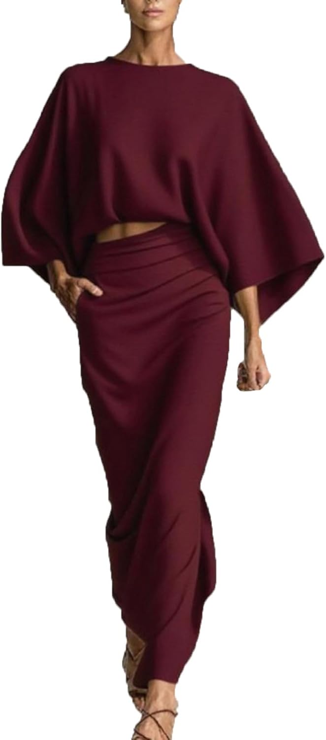 HGps8w Women's 2 Piece Outfits - Oversized Batwing Crop Top High Waisted Maxi Skirt Elegant Party Cocktail Dress with Pockets