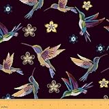 Hummingbird Floral Upholstery Fabric by The Yard, Animal Botanical Flower Indoor Outdoor, Waterproof for Quilting Sewing, Blue Purple, 1 Yard