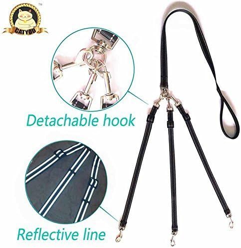 CatYou Three Way Dog Coupler Leash, Reflective, Adjustable Triple Dog Leash for One/Two/Three Dog Cats Pet, Tangle Free