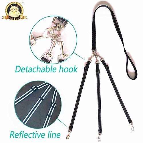 CatYou Three Way Dog Coupler Leash, Reflective, Adjustable Triple Dog Leash for One/Two/Three Dog Cats Pet, Tangle Free