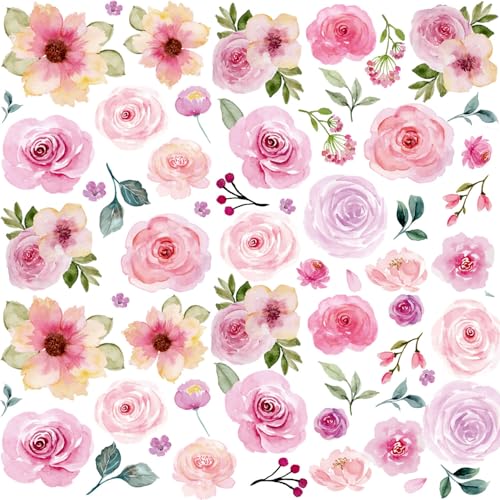 CharmFlo Floral Wall Decals Peel and Stick | 60PCS Watercolor Peony Flower & Leaves Stickers | Removable Vinyl Wall Art for Girls Bedroom, Nursery, Living Room | Pastel Home Decor