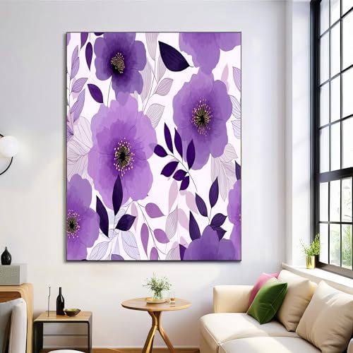 Láminas decorativas pared salón: cuadros de flores y hojas moradas en 60x90 cm