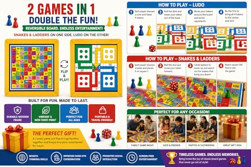 Image of 2 in 1 Wooden Board Game | Ludo & Snakes and Ladders | Reversible Wooden Game Board | 24 x 24 cm | Family & Kids Board Game