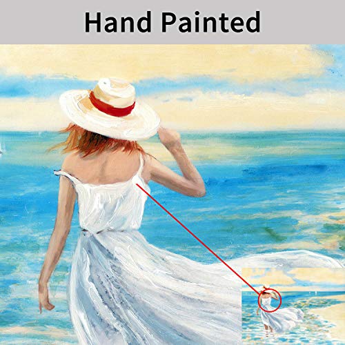 Hardy Gallery Abstract Beach Painting Wall Art: Hand Painted Textured Women Standing Blue Seascape Picture Artwork for Bed Room (24” x 18” x 1 Panel)