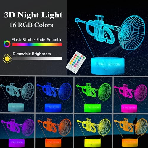 Image of Trumpet Night Light, Trumpet Gifts, 3D Illusion Lamp with 16 Colors Changing, Timer, 4 Flash Modes and Dimmable, Kids Boys Girls Room Decoration, Holiday Xmas Gifts