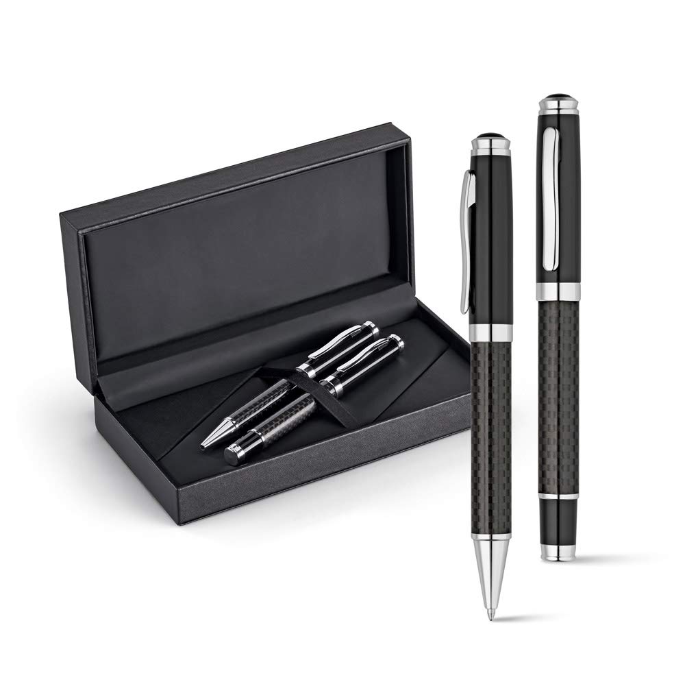 noTrash2003 Schreibset Rollerball und Kugelschreiber Set Metall und Carbonfaser schwarz Lederetui