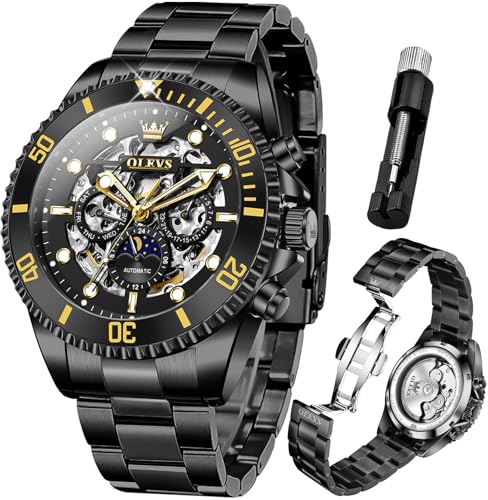 OLEVS automatic men's watch featuring a skeleton design, self-winding mechanical movement, black stainless steel band, and luminous accents, highlighting luxury and functionality.