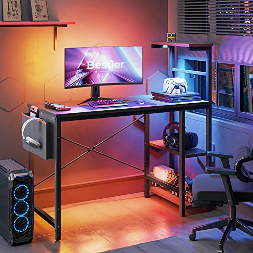 Bestier Computer Desk with LED Lights, Gaming Desk with 4 Tiers Shelves, 44 Inch Office Desk with Storage Bag & Printer Shelf (Black Grained) Bestier Computer Desk with LED Lights, Gaming Desk with 4 Tiers Shelves, 44 Inch Office Desk with Storage Bag & Printer Shelf (Black Grained)