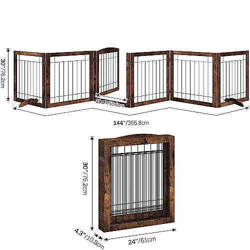 Vantas Folding No-Assembly Pet Gate 144\" Wide, 30\" Tall Wooden Dog Gate with Door Walk Through, Freestanding Wire Pet Gate, Pet Puppy Safety Fence, with 2PCS Support - Rustic Brown