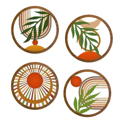 Kaslaider 4 Piezas Decoración de Paredes de Madera Bohemia, Moderno Minimalista Arte de Pared Decoración Pared Redonda Para Sala Estar o Dormitorio Decoración de Pared con Arte Lineal Hojas