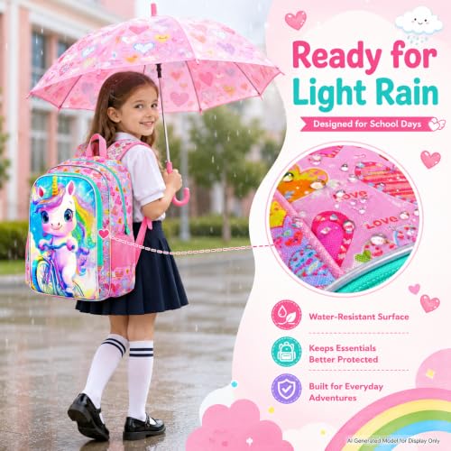 Image of HPJGD 3PCS Unicorn Bookbag for Girls, Kids Bicycle Backpack Set with Lunch Box, Cute Water Resistant Elementary School Bag for Preschool Toddler - Pink Unicorn Bike