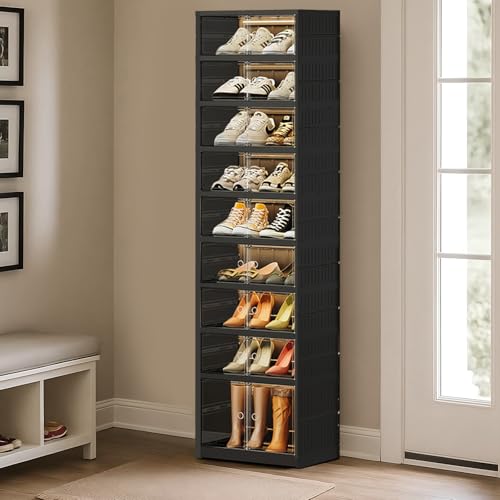 Image of SYNCVIBE Shoe Rack Organizer for Closet Entryway Foldable Sneaker Storage Shoe, Collapsible Shoe Cabinet, Stackable Shoe Storage Cabinet with Lids for Living Room (9 Tiers -18 Pairs Black)