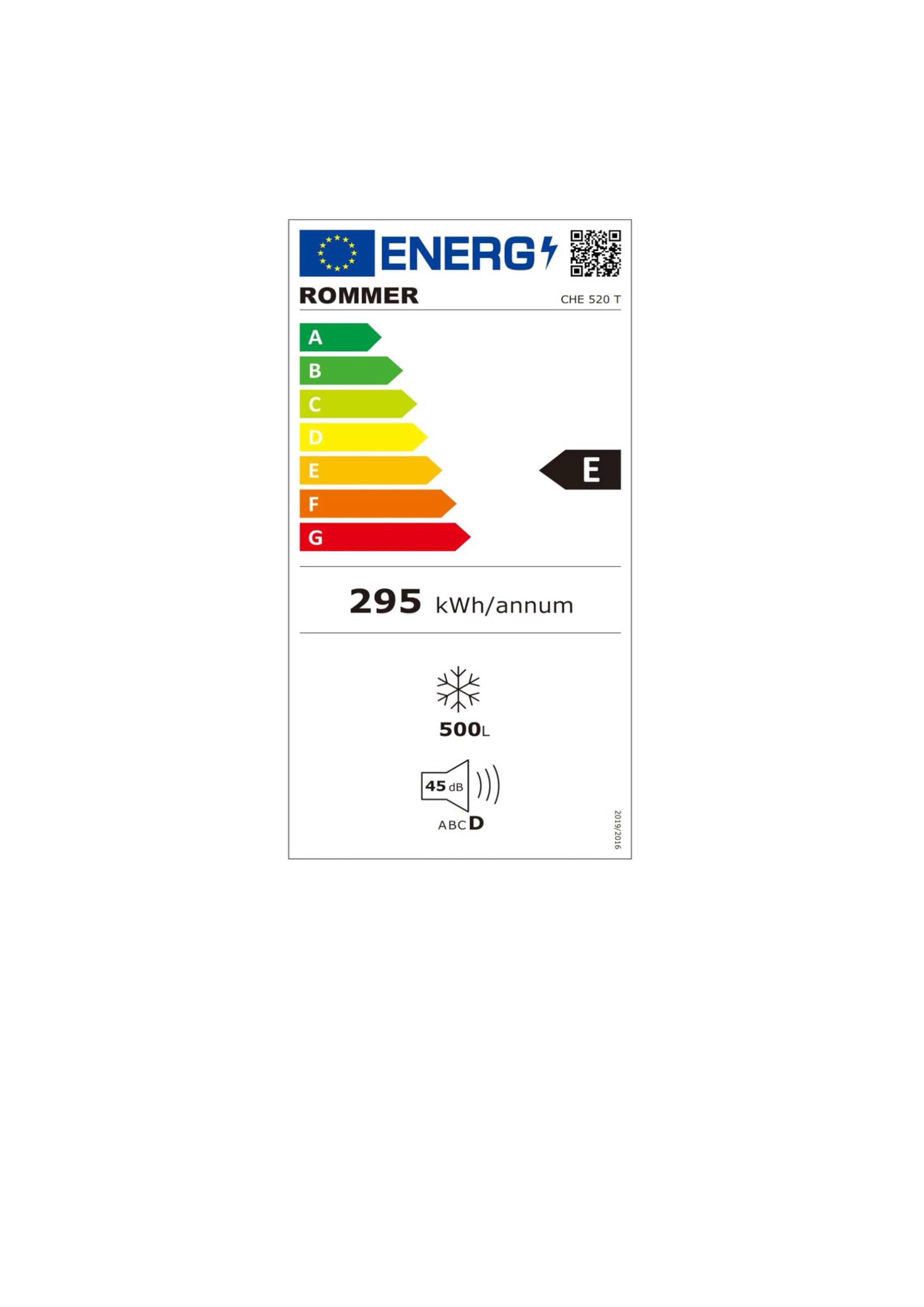 Congelador horizontal Rommer CHE 520 T, capacidad 500 litros, eficiencia energética clase E, color blanco