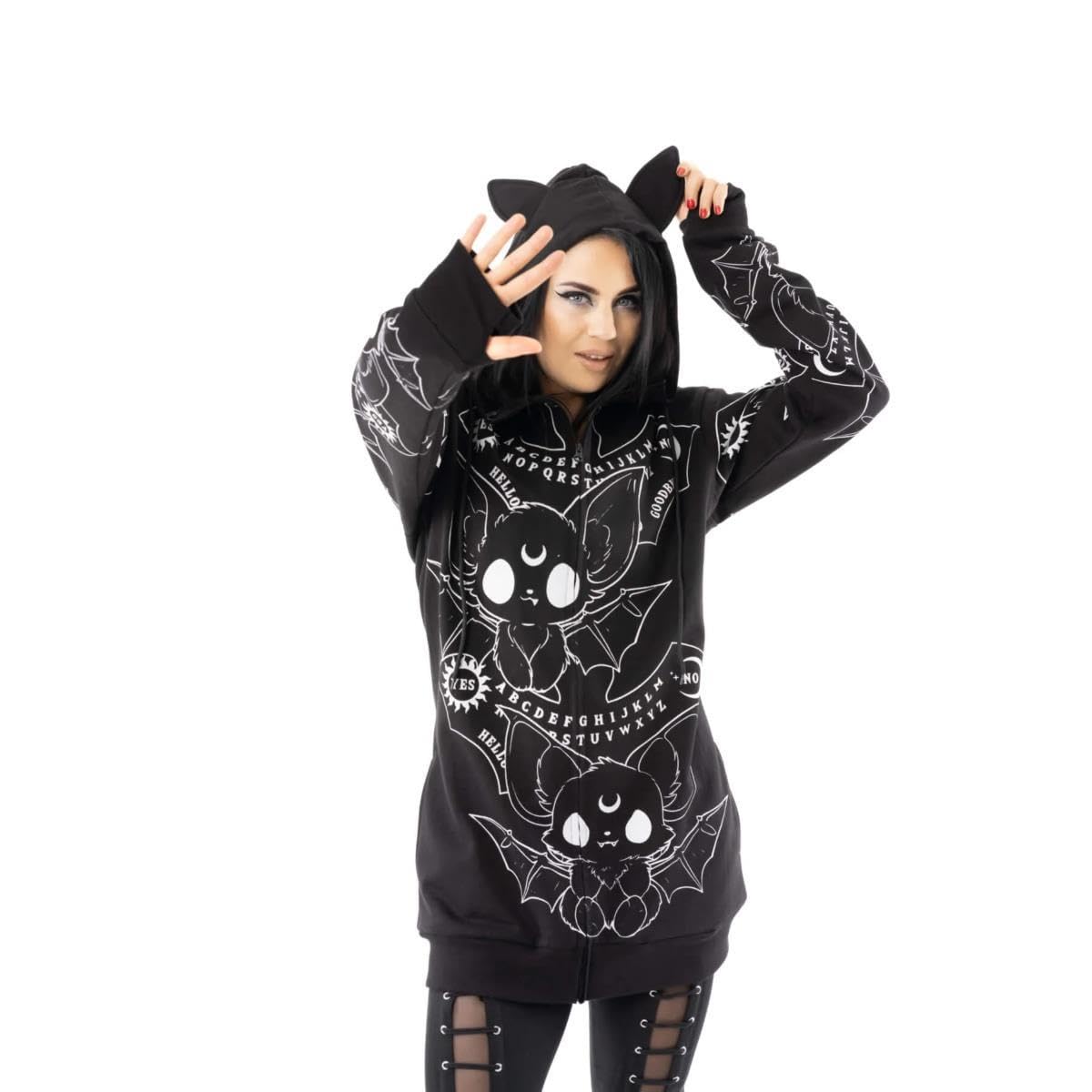 Heartless Felpa con Cappuccio Ouija Bats - Felpa con Orecchie di Pipistrello Gotico Nero, Stile Occulto Alternativo, Nero, 2XL