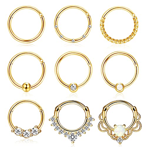 Kakonia 9 Unids Joyería del tabique 16G Pendientes Daith Anillo de Nariz de aro para Mujeres Hombres Anillo de Nariz con bisagras Acero Inoxidable Cartílago Tragus Anillos de tabique 8MM Oro 8 Cover