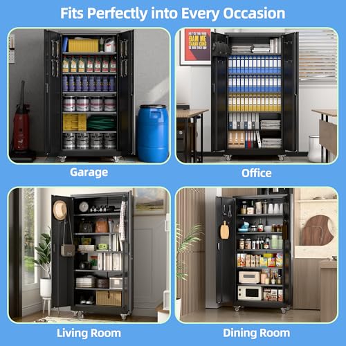 Image of Aobabo Metal Garage Storage Cabinet with Wheels and Pegboard, Black