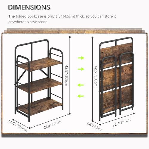Image of 4NM No Assembly Folding Bookshelf, 3 Tiers Collapsible Book Shelves Open Industrial Foldable Storage Bookcase Shelf for Bedroom, Living Room, Home Office - Rustic Brown and Black