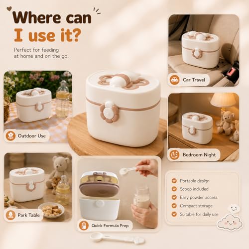 Image of StarAndDaisy Formula Milk Container for Baby Milk Powder Container with Scoop Holder, Portable Formula Dispense, Airtight First Feed Baby Food Storage Box /Container for Travel 200 Grams -Off White