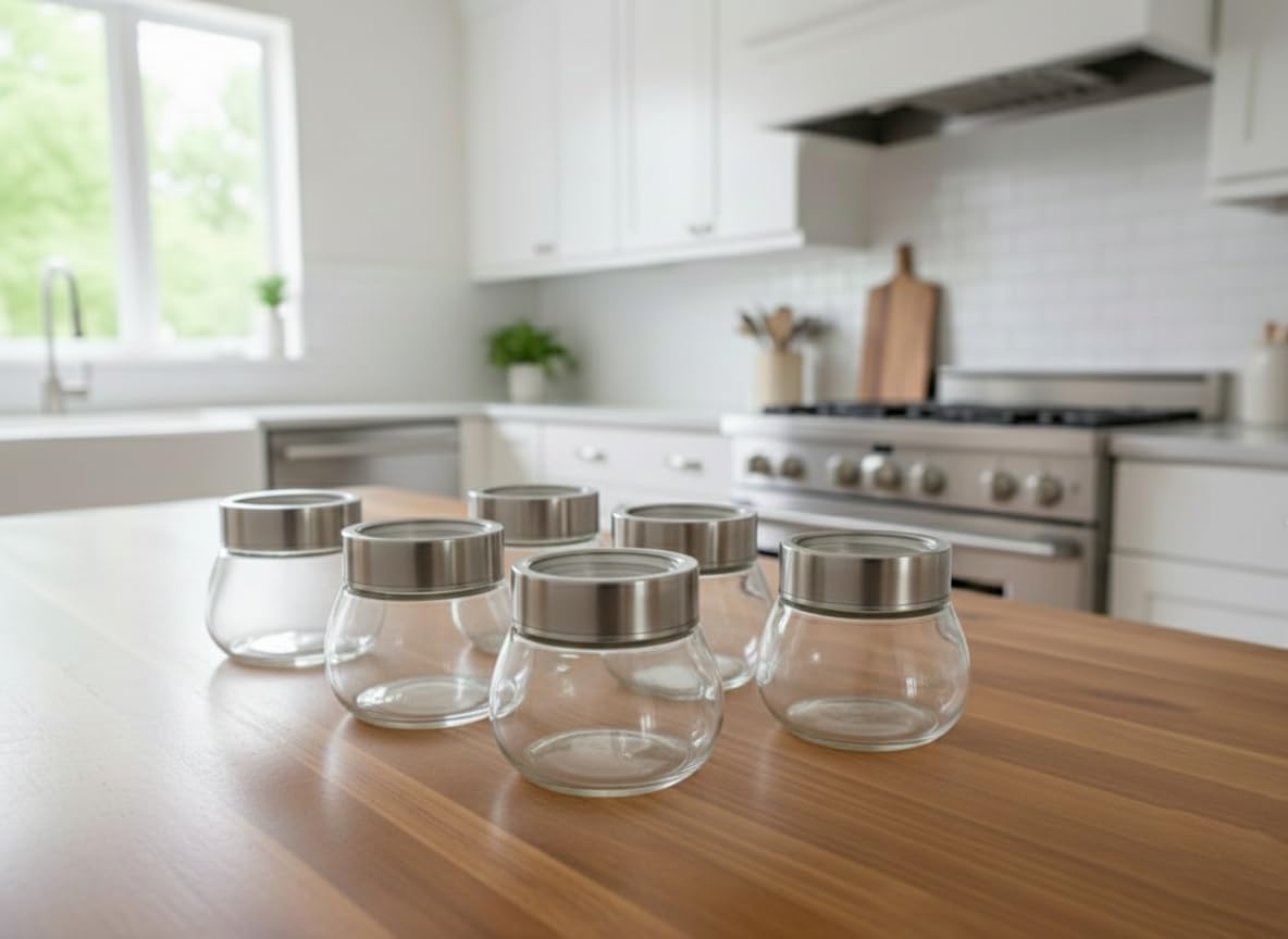 Brezzycloud Tarros de cristal ovalados de 300 ml con tapa hermética de acero inoxidable, adecuados para usar en tu oficina en casa, almacenamiento de cocina/tarros de vidrio para cocina, tarro de
