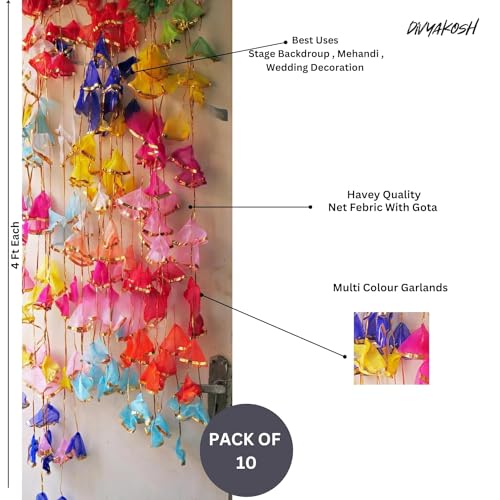 Image of Divyakosh Latkan for Home Decoration, Gota Net Hangings for Decorative, Pack of 10 Garlands for Wedding, Haldi, Event, Decor Backdrop, Multi Color Hangings 4 Ft Each