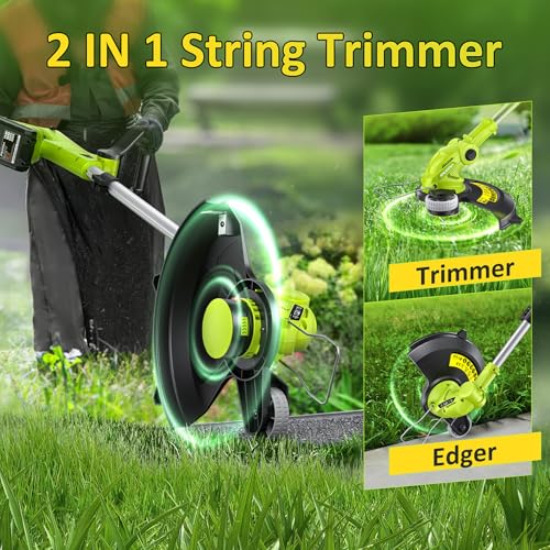 Electric String Trimmer Cordless with 2x2.0Ah Battery, 20V Weed Wacker Weed Eater with Charger, 12-inch Lawn Mover & Edger Lawn Tool, Powered Grass Trimmer with 8pcs Spool Line for Yard, Garden, Green - Image 3