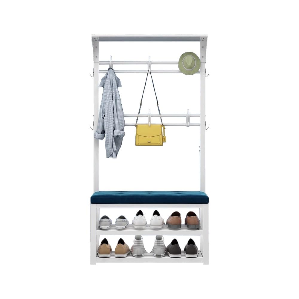 MYUYEE Clothes Rack With Shoe Rack Partition, Floor Standing Coat Rack, Coat Rack With Bench, For Entrance 80/100X30X172Cm(White Blue-100Cm)