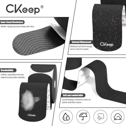 Image of CKeep Kinesiology Tape, Original Cotton Elastic Precut Strips 4 Rolls, Black | Latex Free High Adhesion Athletic Tape, Waterproof & Breathable Sports Tape for Muscle Support & Injury Prevention 80 Count