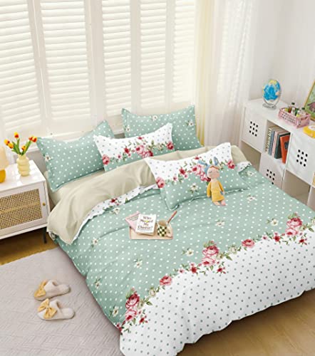 Image of FRESH FROM LOOM All Seasons Collection Super Soft King Size AC Comforter /Blanket /Duvet for Double Bed with 1 Flat Bedsheet and 2 Large Pillow Covers - 4 Piece Comforter Set - Green Center Flower