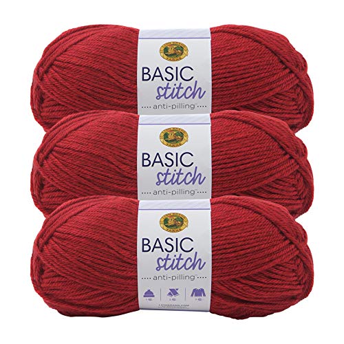 Image of Lion Brand Yarn Basic Stitch Anti-Pilling Yarn for Crocheting, Knitting, and Crafts, Red Heather, 3 Pack
