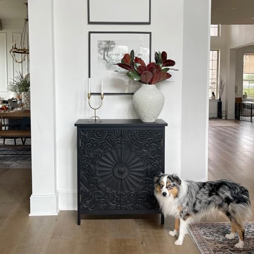 Image of Handicraft Accent Cabinet for Living Room, Mango Wood & Engineered Wood Storage Cabinet, Carved Design, Multiple Styles, 30 x 15 x 30 inches (HOB-Design-2)