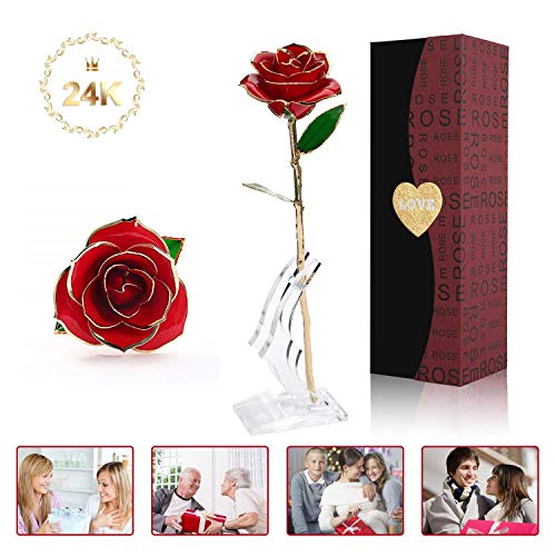24K Gold Red Rose, Long Stem with Display Stand in Gift Box, Gift