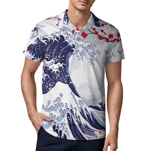 Japanese Great Wave Cherry Novelty Men's Short Sleeve Shirts Funny Golf Tennis Work T-Shirt Sport Tee S