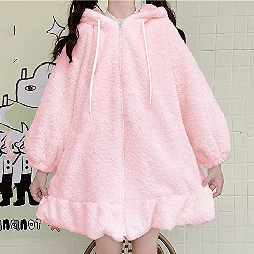 Cute Kawaii Bunny Hoodie Jacket Coats for Women Fashion Japanese Fuzzy Fluffy Rabbit Hooded Sweatshirt Outwear (Pink, S)4