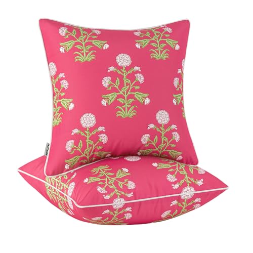 MIULEE Decorative Floral Outdoor Pillow Covers with Inserts Set of 2 18x18 Waterproof Vintage Fade Resistant Patio Throw Pillows with Piping for Spring Summer Garden Couch Sofa Hot Pink