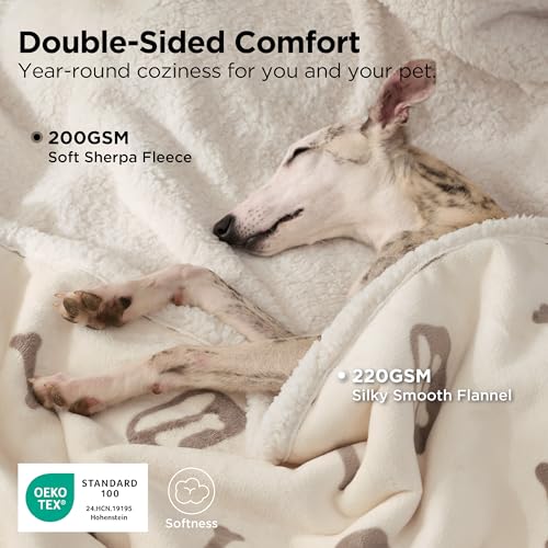 Image of Bedsure Waterproof Blanket for Bed - Soft Print Sherpa Fleece Pet Cat Dog Blankets for Large Dogs Couch Protection, Soft Plush Reversible Furniture Protector, Twin Size, 60 inchx80 inch, Beige