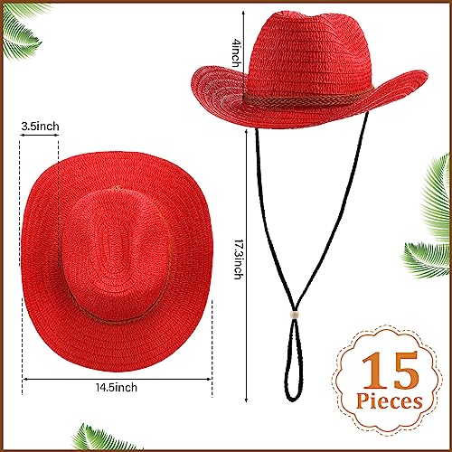 Image of Suhine 15 Pcs Straw Cowboy Hat for Men Women Colorful Western Hat Bulk Sun Protection Large Brim Cowgirl for Summer Seaside
