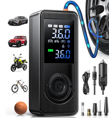 Tire Inflator Portable Air Compressor - 180PSI 5X Fast Inflation Rechargeable Battery & 12V DC Adapter Powered Air Pump for Car Bike Motorcycle Tires Balls with LCD Display, LED Light, Pressure Gauge