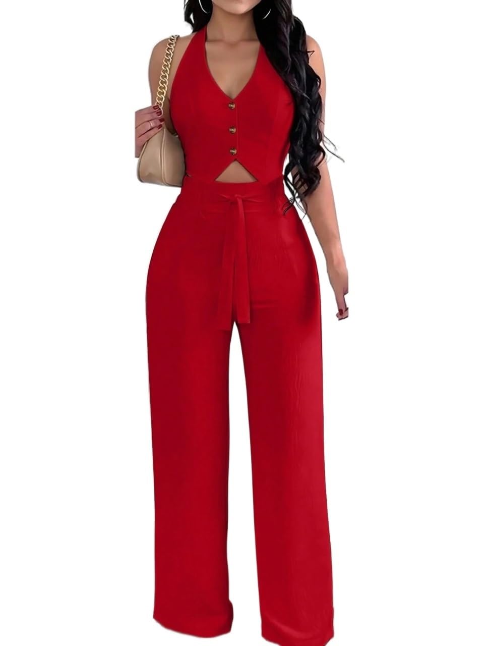 Womens two-piece pants suit Casual Tie Backless Tank Top And Wide Leg Pants 2 Pieces Set