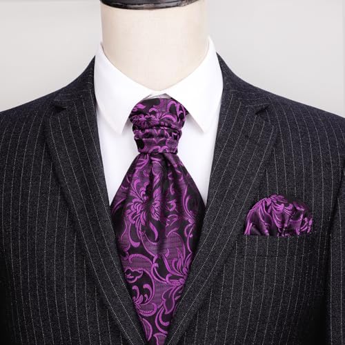 Image of HISDERN Ascot Ties for Men Paisley Floral Ascot and Pocket Square Set Classic Self Tie Mens Cravat Handkerchief for Wedding