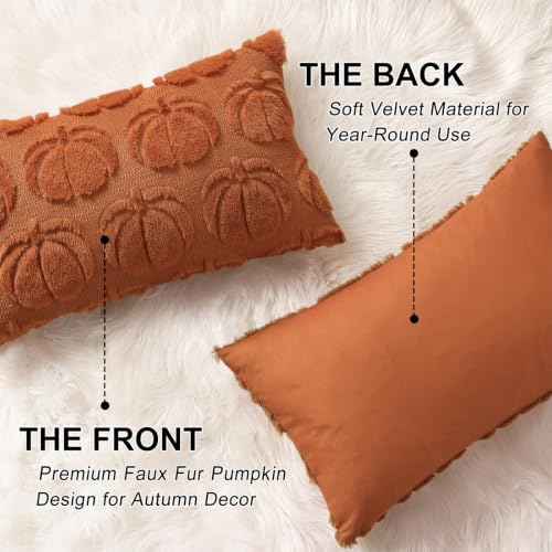 Image of decorUhome Fall Decorative Light Rust Pumpkin Throw Pillow Covers 12x20 Set of 2, Soft Faux Fur Plush Farmhouse Accent Pillow Cases for Couch Bed Sofa Autumn Harvest Halloween Holiday Home Decor